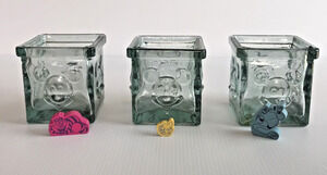 Walt Disney Glass Votive Candle Set Of 3 Mickey Mouse 3D Green Square